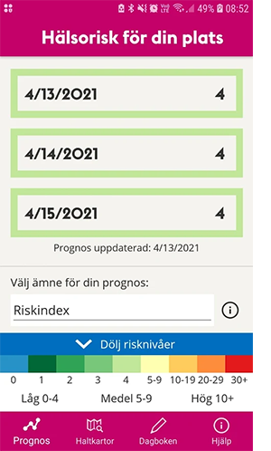 Skärmbild från appen Luft Stockholm - Hälsorisk för din plats