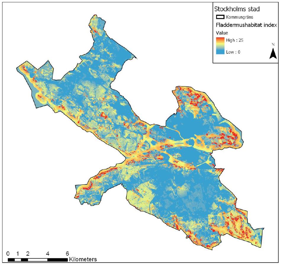 Karta med habitatindex för fladdermöss (utdrag ur rapporten)