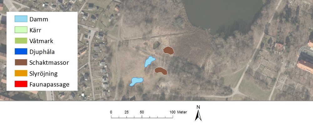 Bilden visar förslag för två nya groddammar och övervintringsplatser för groddjur i Lillsjöpaken.