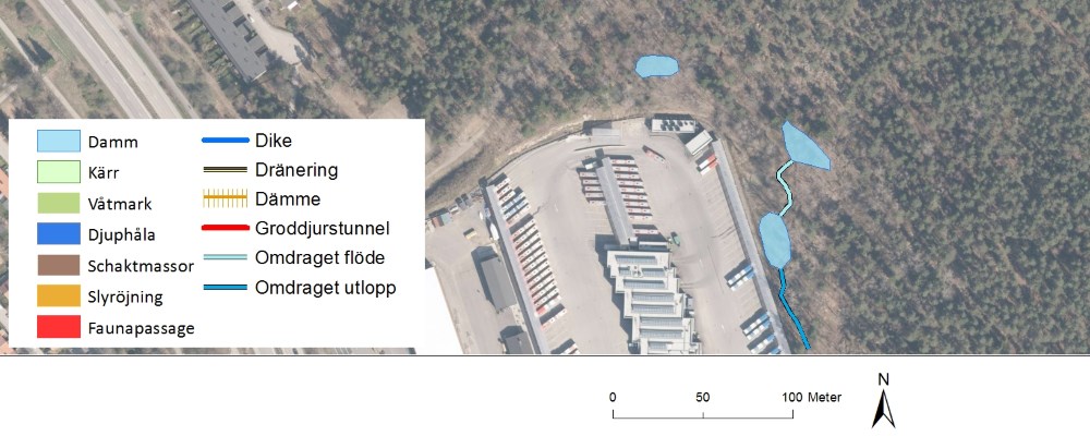 Bilden visar förslag till ny utformning av dammarna samt förslag på omdraget flöde och utlopp