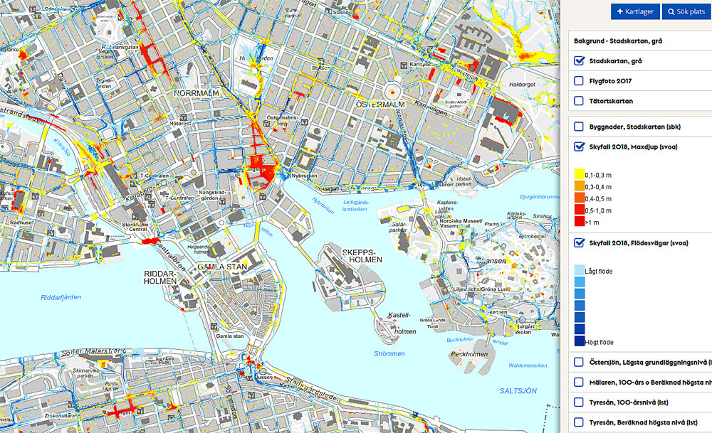 Utsnitt ur skyfallskarta för Stockholm