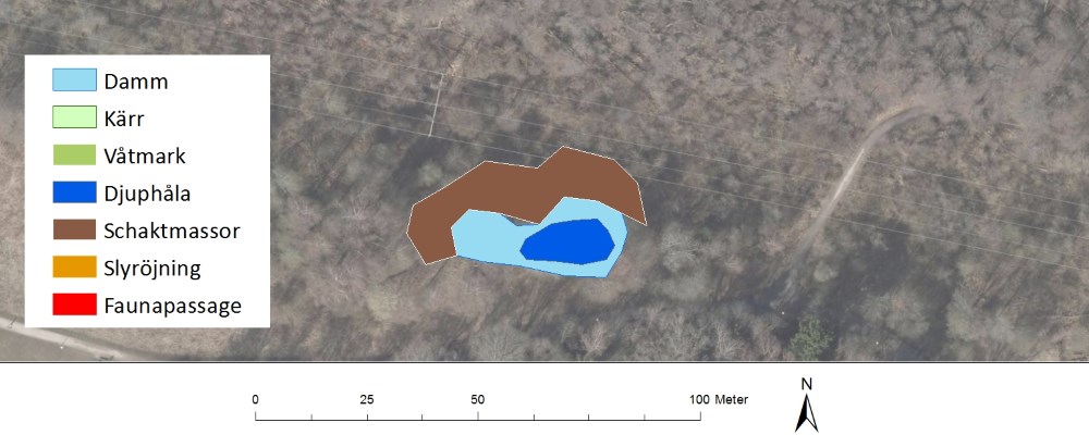 Bilden visar förslag till dammens placering och utformning