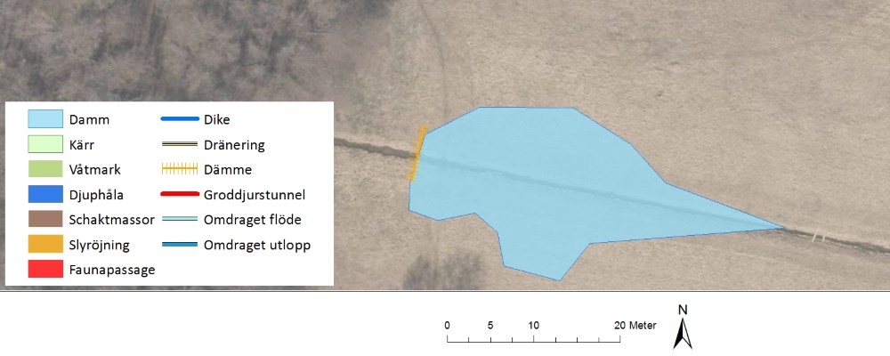 Bilden visar förslag på placering och utformning av damm