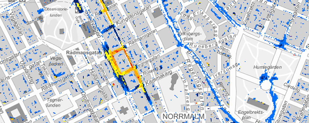 Resultat från Stockholms skyfallsmodell, maximalt vattendjup vid 100-årsregn