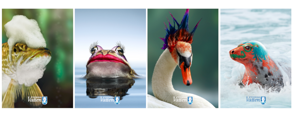 Vattenlevande djur, pyntade med smink, målarfärg mm.