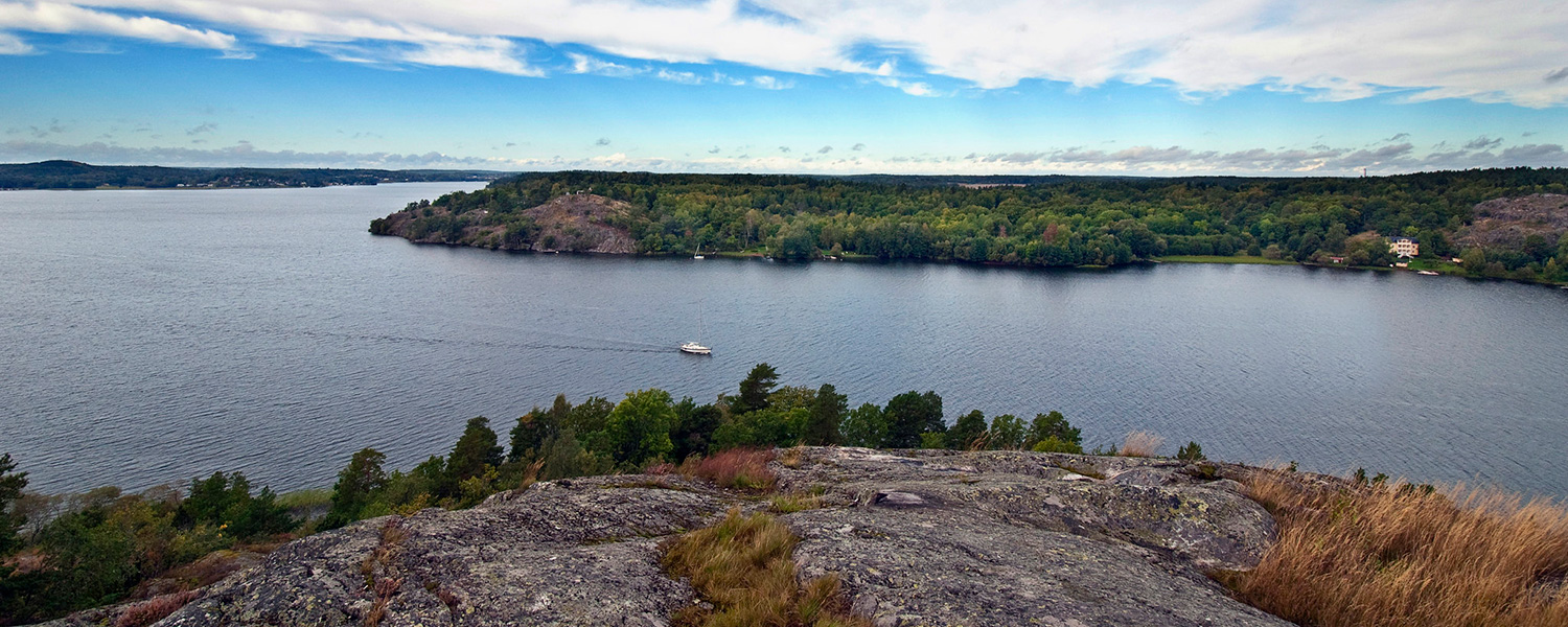 Utsikt över vatten, natur, båtar och hus.