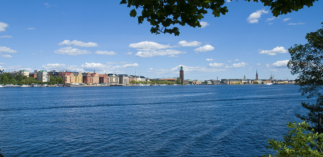 Vy över Mälarens vatten med Stockholms stadshus i bakgrunden