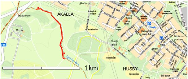 Sträcka där bäverdämmen ofta uppkommer (röd linje)